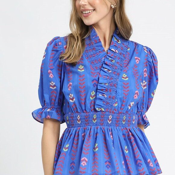 Umgee Printed Half Sleeve Peplum Blouse - Picture 2 of 4